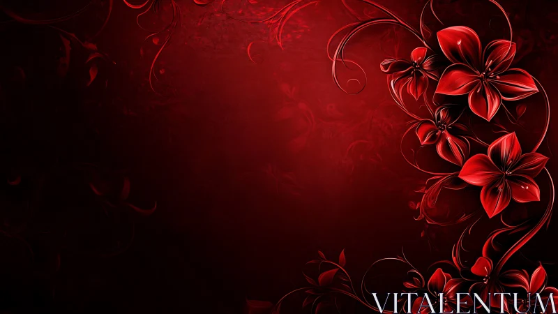 Red florals with ornamental scrollwork on dark background.