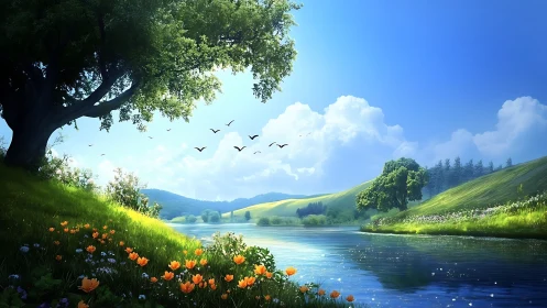 Radiant riverine meadow under volumetric daylight rendering.