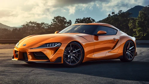Thrilling orange sports coupe waits under a warm sunset sky