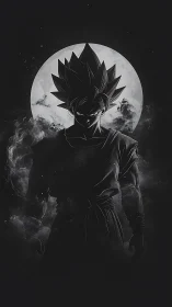 Silhouetted anime warrior stands defiant beneath full moon glow