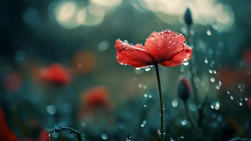 Red Poppy With Hydrophobic Petals and Convergent Water Droplets.