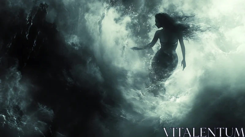 Silhouetted mermaid figure within turbulent ocean mist.