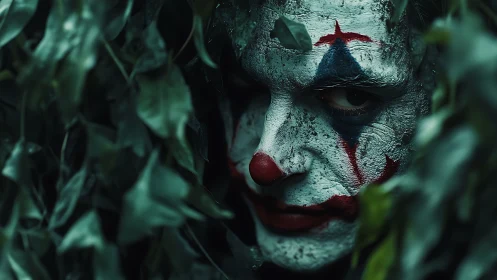 Clown face with smeared makeup partially obscured by foliage.