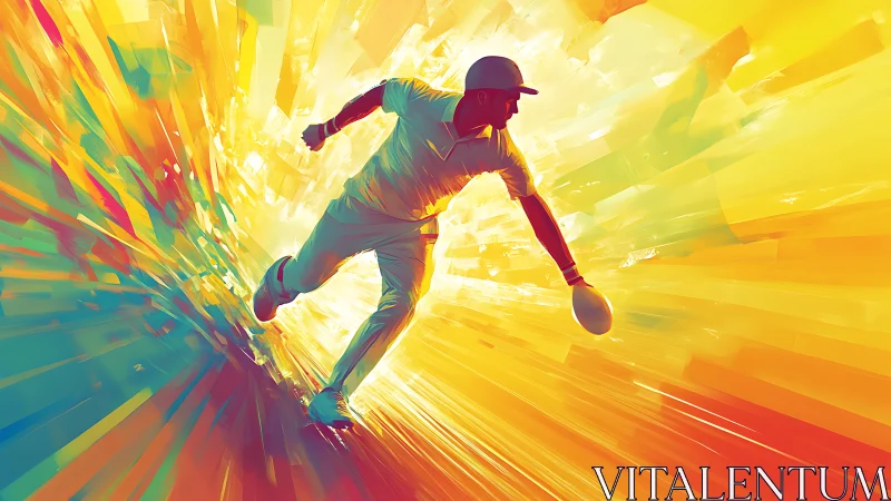 Cricket player rendered in motion amid radial color streaks