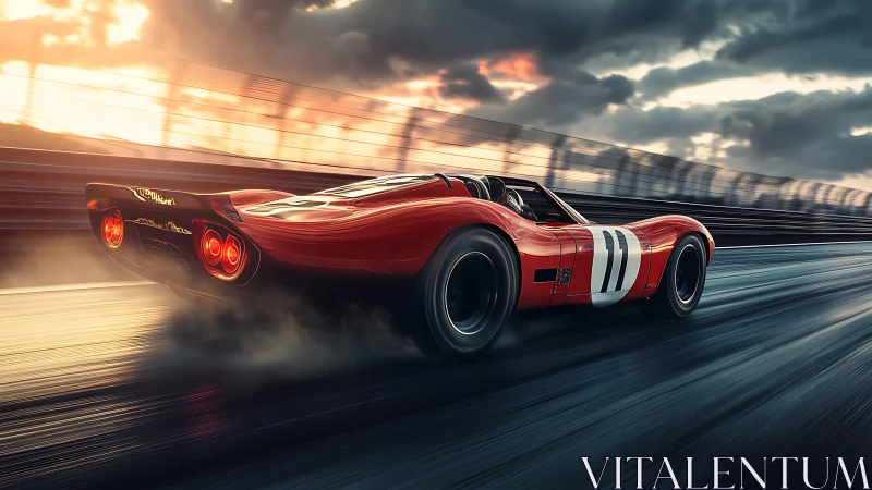 Vintage endurance race car accelerates along wet track at dusk