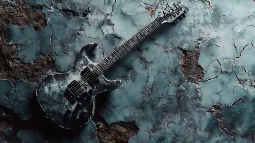 Weathered electric guitar leans against cracked teal wall