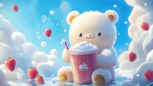 Fluffy bear cuddling a strawberry milkshake in the clouds.