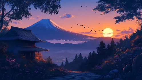 Mountain sunset over temple and distant valley landscape.