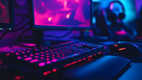 Neon gaming keyboard and screens glow in a cozy setup