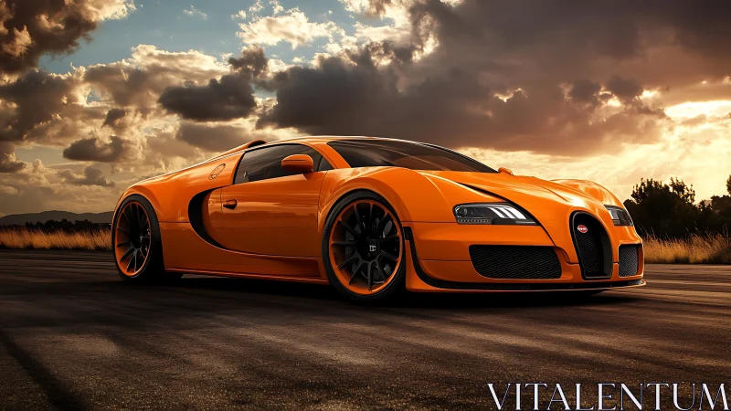 Orange supercar on open road under dense evening clouds.
