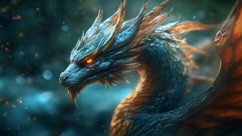 Fiery-eyed blue dragon rendered in cinematic fantasy art.