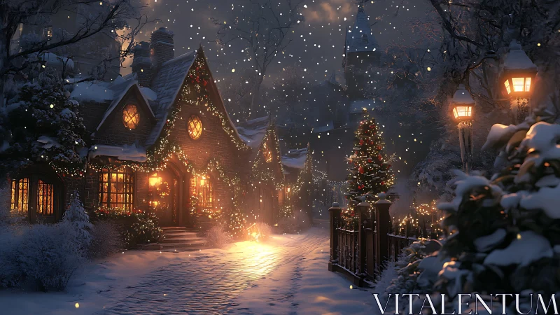 Nocturnal winter village lane with luminous festive lighting.