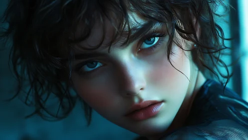 Moonlit gaze in electric teal, a storm of quiet questions.