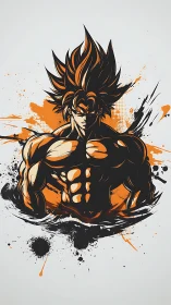 Muscular anime warrior with spiky hair on splatter backdrop.