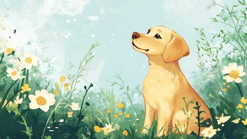 Gentle golden puppy resting in lush spring meadow illustration.