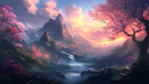 Sunlit cherry blossom valley surrounds mountain shrine river