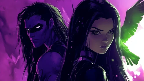 Dark-haired vigilante duo with glowing eyes and crow wings.