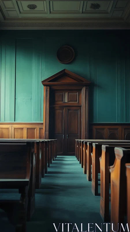 Empty traditional courtroom aisle with closed wooden doors.