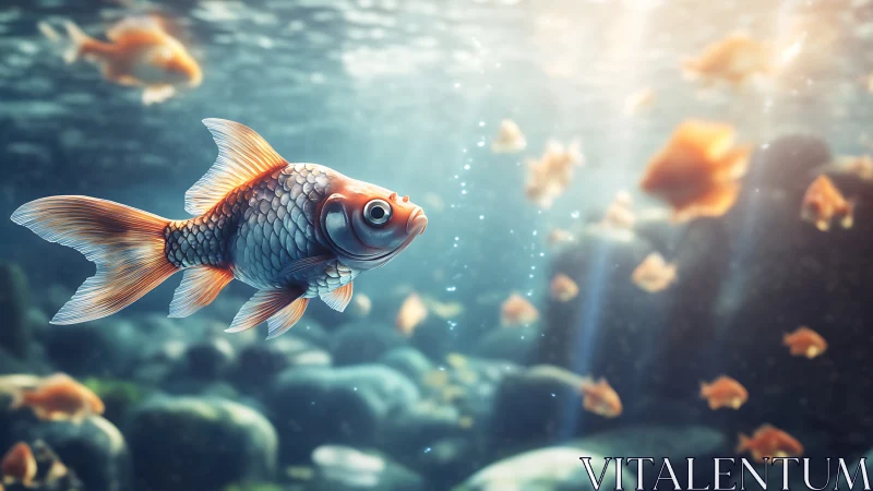 Goldfish swimming underwater in soft light with shoal.