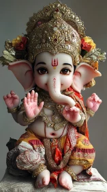 Ornate baby Ganesha idol with golden crown and garments.