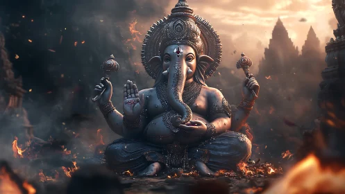 Serene elephant deity amid glowing embers at dusk.