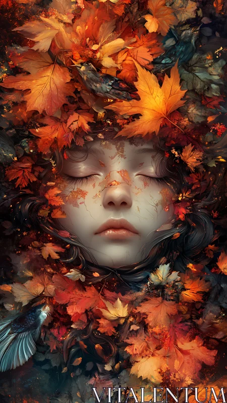 Gentle autumn spirit rests beneath a glowing bed of leaves