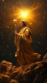 Golden robed wanderer under blazing celestial star.