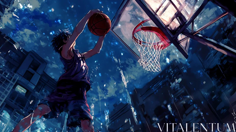 Star-splashed street baller rises toward a midnight slam.