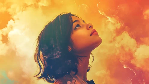 Dreamlit portrait of a hopeful girl in fiery clouds.