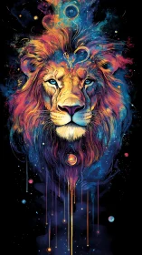 Lion portrait rendered in multicolor cosmic digital abstraction
