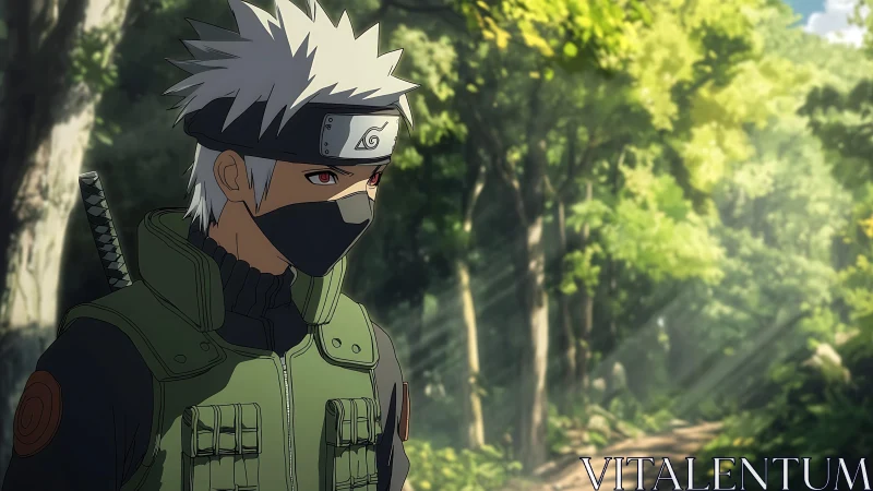 Masked silver-haired ninja in tactical vest amid sunlit forest.