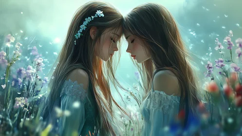 Two figures positioned within flowering field environment under atmospheric lighting