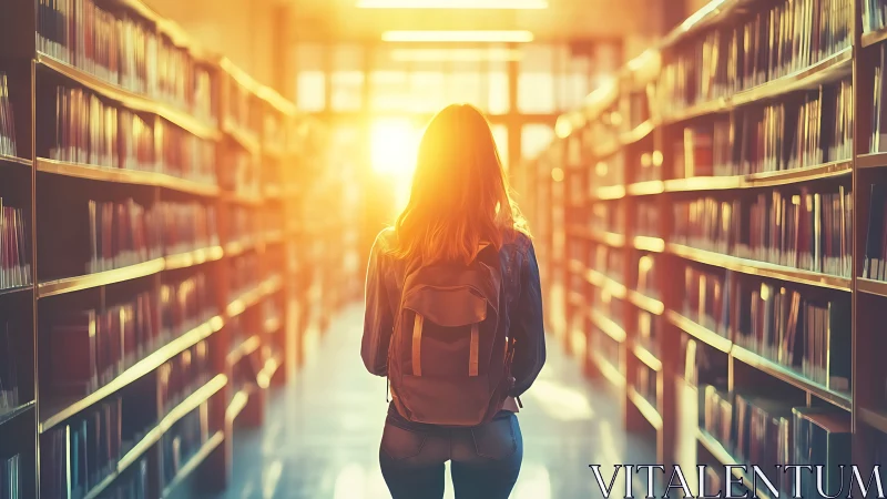 Student in sunlit library aisle, warm atmosphere, hopeful mood.