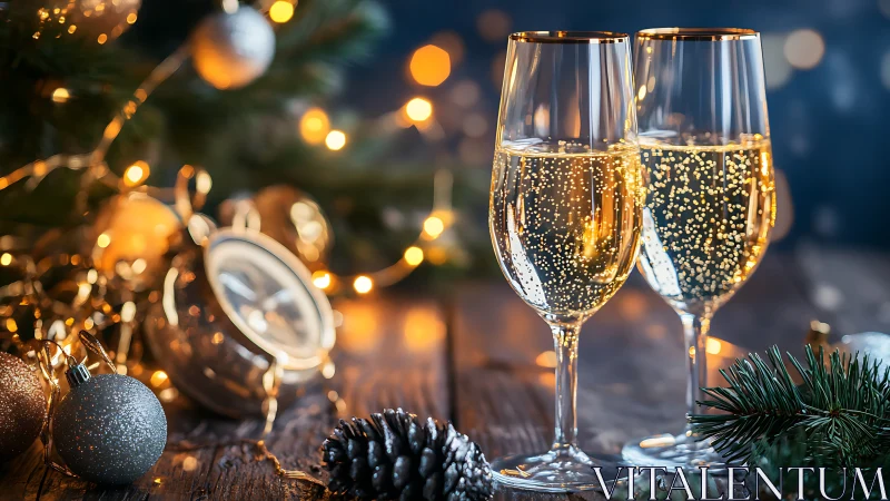 Two champagne flutes sparkle beside festive Christmas decor