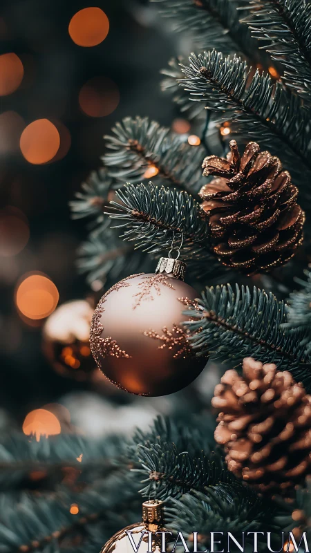 Bronze bauble and pinecones hang on decorated fir branch
