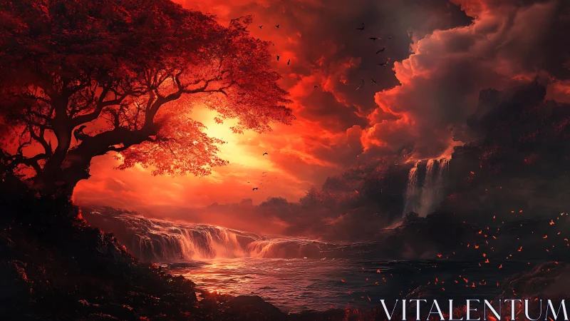Apocalyptic Landscape with Inferno Waterfall at Sunset.