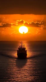Silhouetted ship crossing molten sunset horizon at sea.