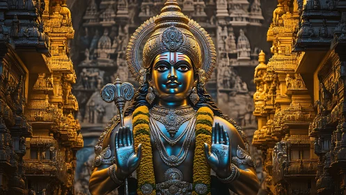Digital deity sculpture amid intricately lit temple gopurams