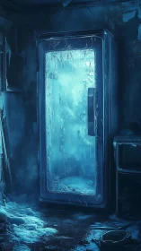 Frozen upright freezer in dark abandoned icy room scene
