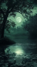 Full moon glows over misty forest lake at midnight.