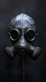Black gas mask emerges from darkness in stark, moody portrait
