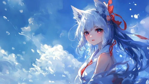 Celestial fox-eared girl rendered in luminous anime clouds