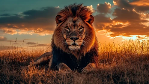 Golden hour lion resting proudly on glowing savanna.