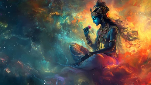 Celestial blue deity drifting gently through cosmic color.