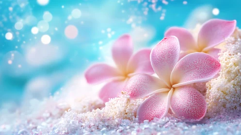 Pink plumeria flowers with crystalline texture on white sand against turquoise bokeh background