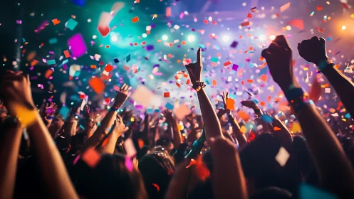 Color-soaked crowd dancing under flying confetti and light.