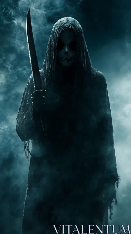 Masked hooded figure holds large knife amid dense fog