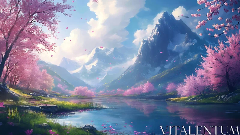 Serene alpine river reflects snow peaks and sakura bloom