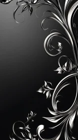 Monochrome metallic floral scrollwork on dark gradient field.