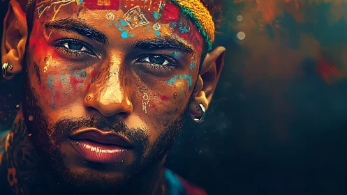 Digital painting portrait with neon tribal facial markings.